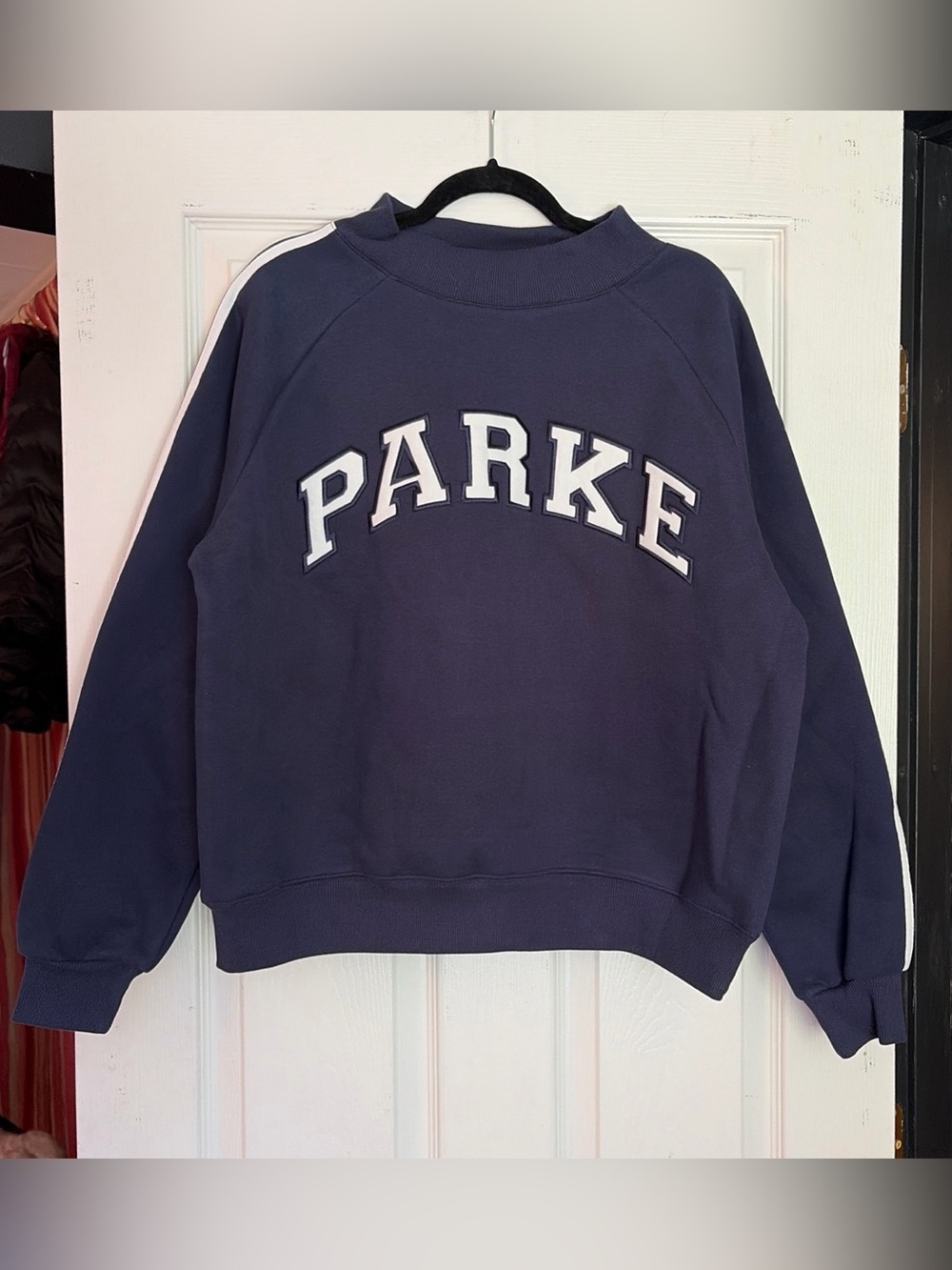 New Parke Sport Stripe Varsity Sweatshirt in Shadow S/M